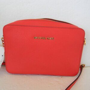 NWT Michael Kors Jet Set Crossbody RED/ORANGE Saffiano Leather CHAIN DETAIL